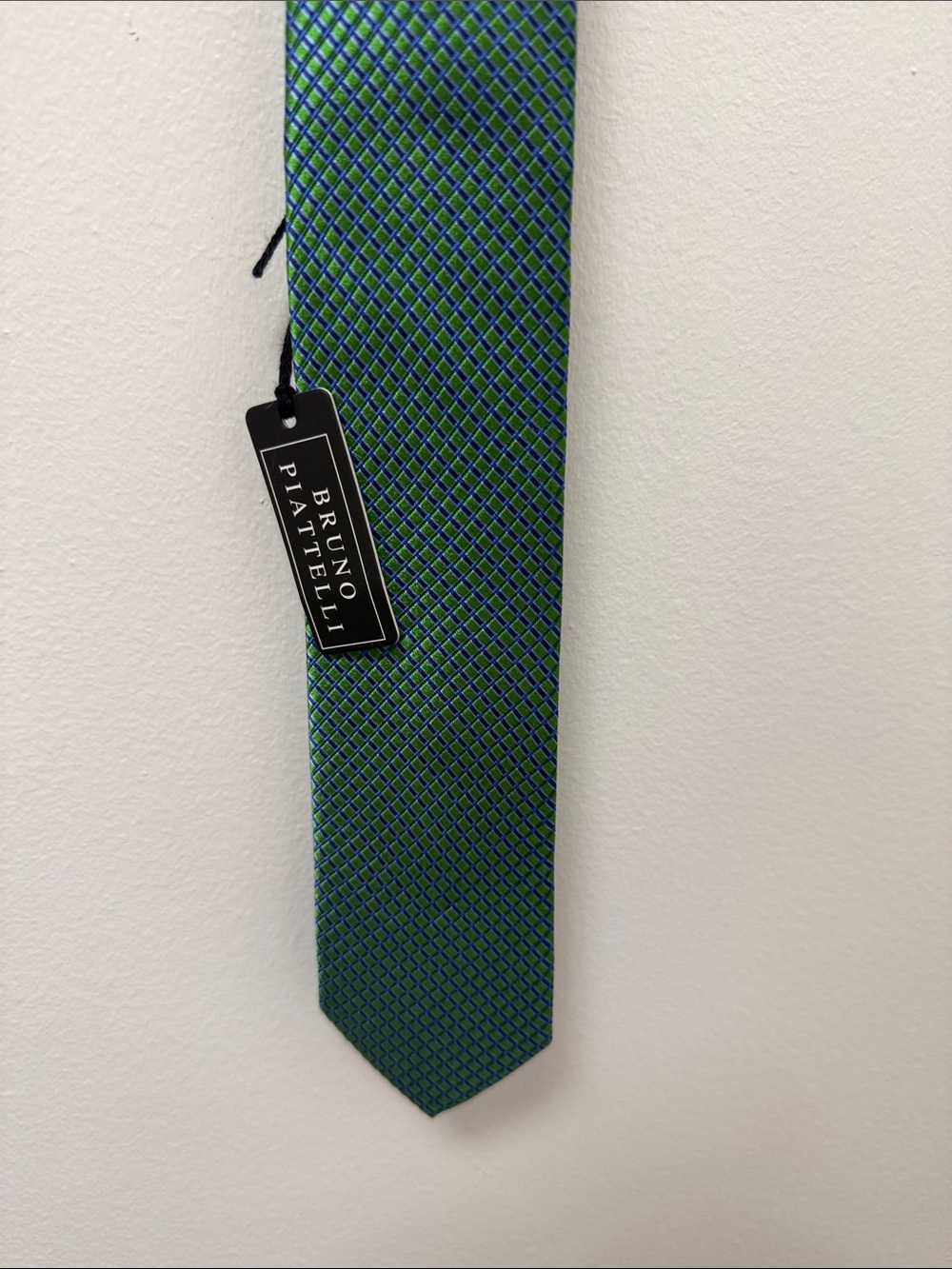 Piattelli 100% Silk Hand Made Green Tie with Blue Grid Pattern